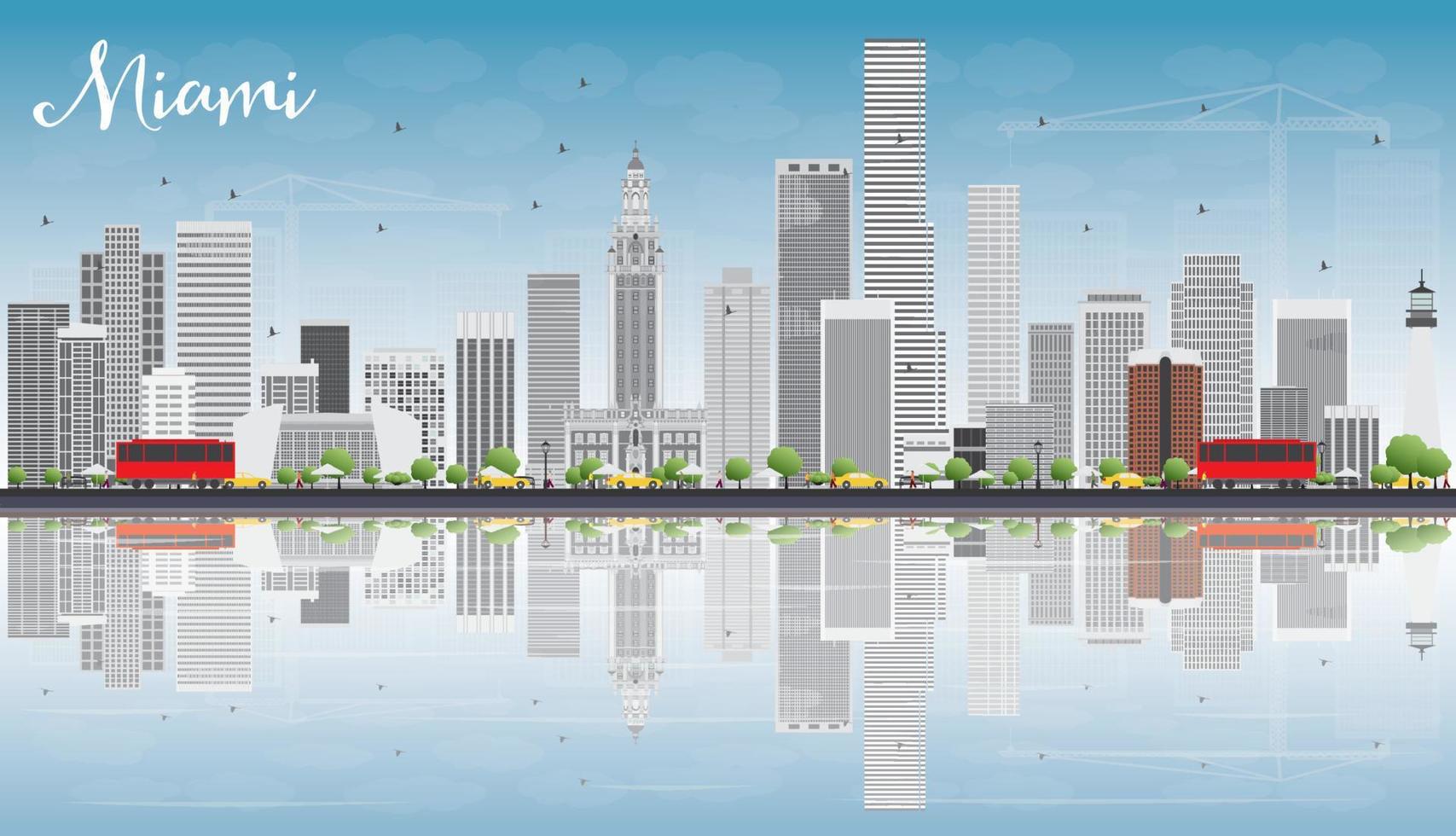 Miami Skyline with Gray Buildings, Blue Sky and Reflections. vector