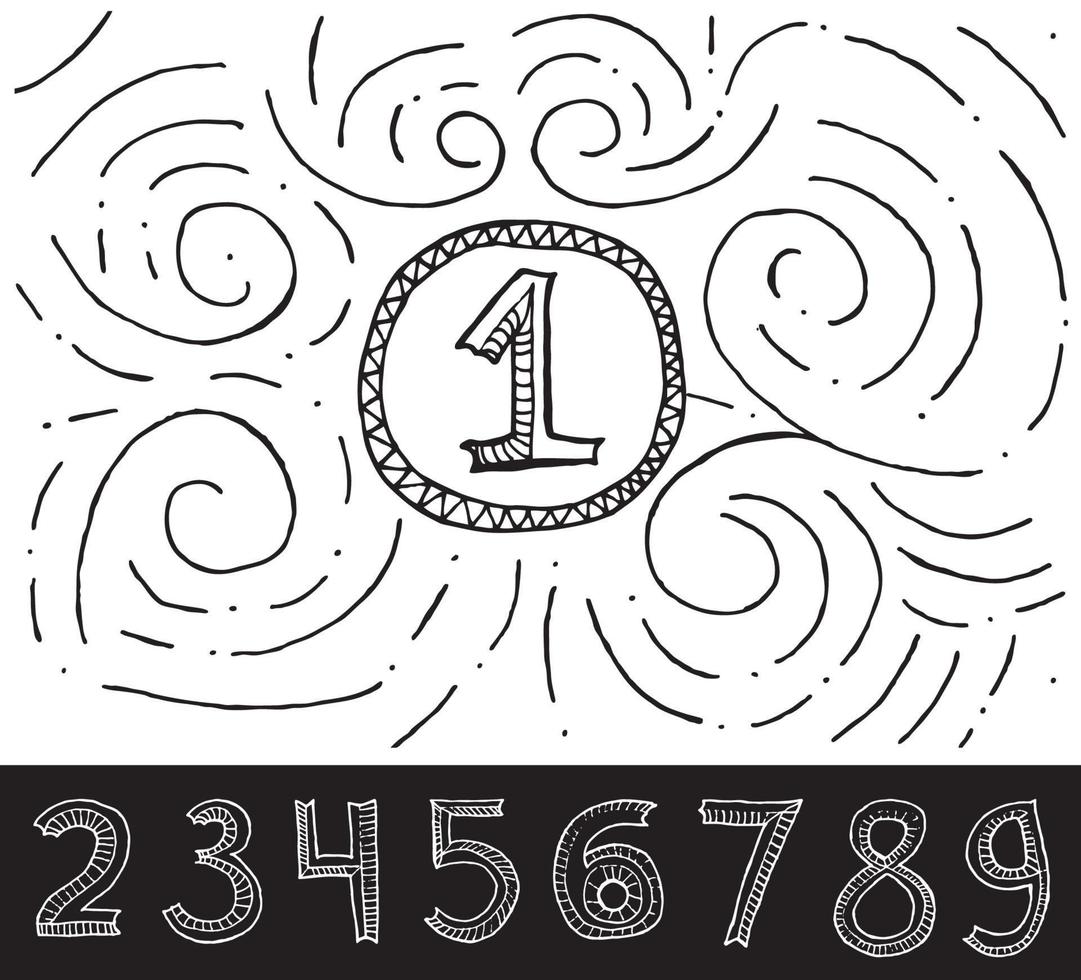 Hand Drawn Numbers with swirl pattern on white background. vector