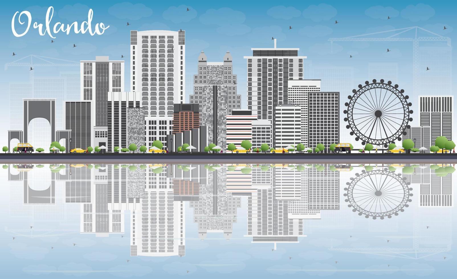 Orlando Skyline with Gray Buildings, Blue Sky and Reflections. vector