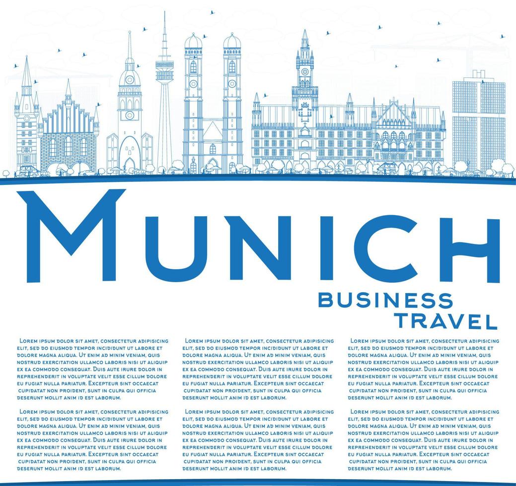 Outline Munich Skyline with Blue Buildings and Copy Space. vector