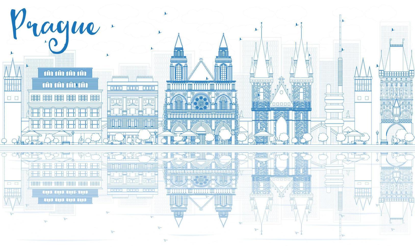 Outline Prague skyline with blue buildings and reflections. vector