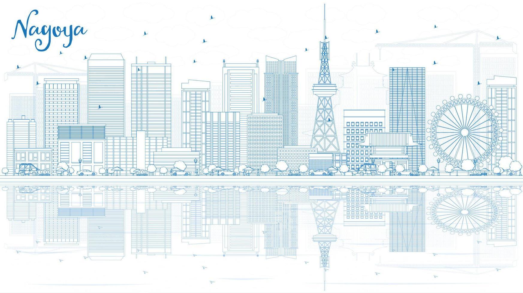 esboza el horizonte de nagoya con edificios azules y reflejos. vector