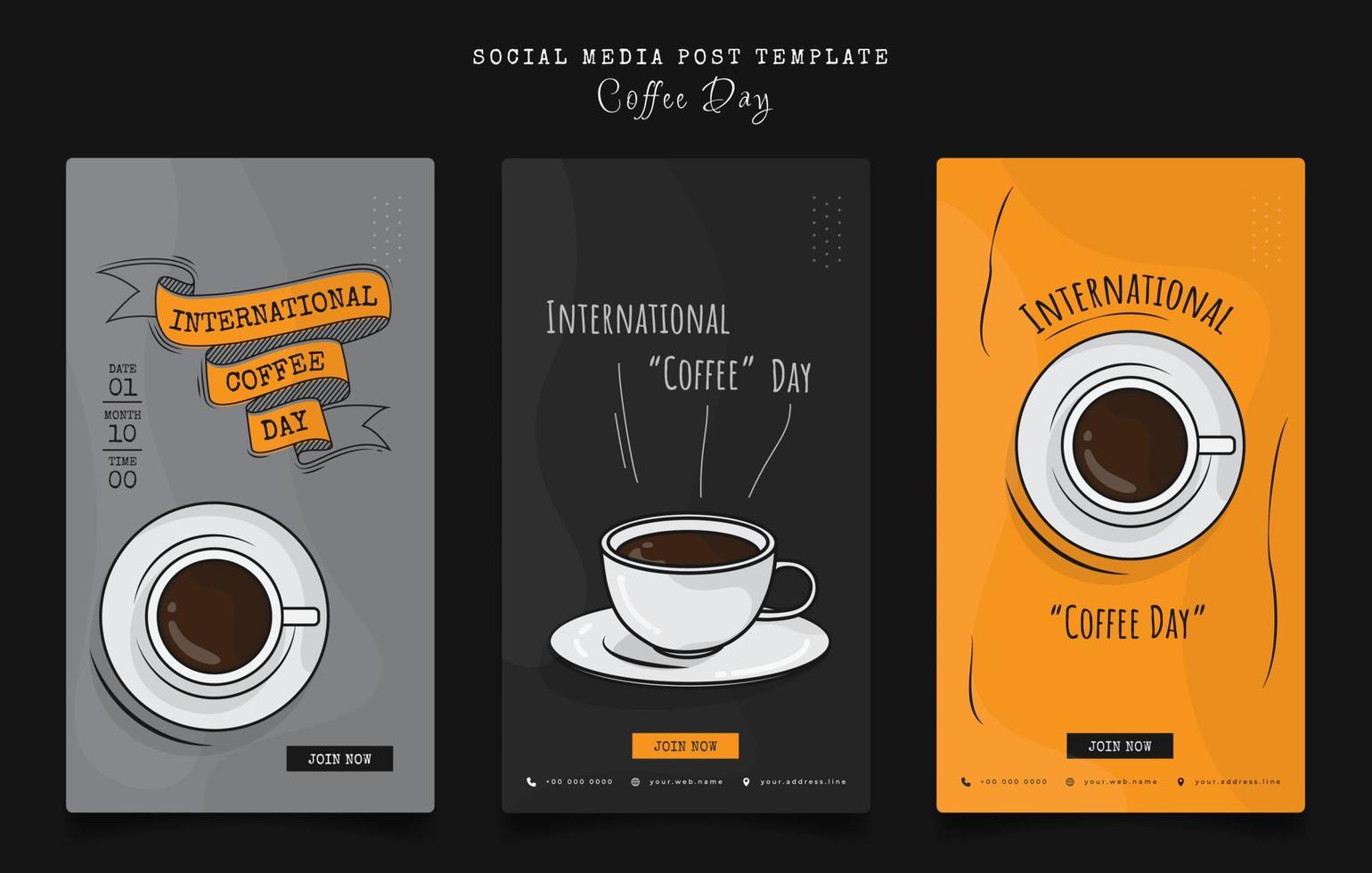 conjunto de plantillas de publicaciones en redes sociales con café en diseño de dibujos animados para el diseño del día internacional del café vector