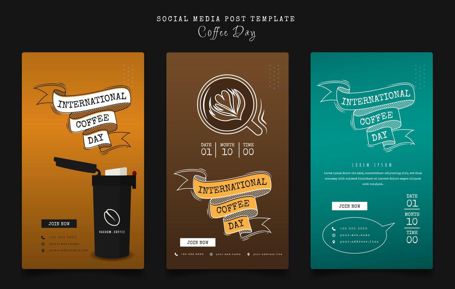 Set of social media post template with coffee lettering design for international coffee day campaign vector