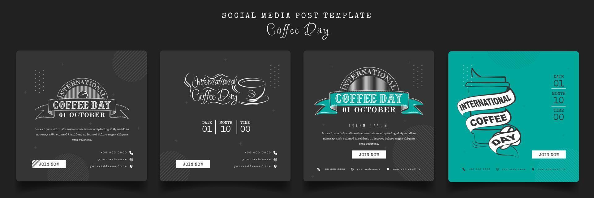 Social media template in dark gray and green background with line art design for coffee day campaign vector