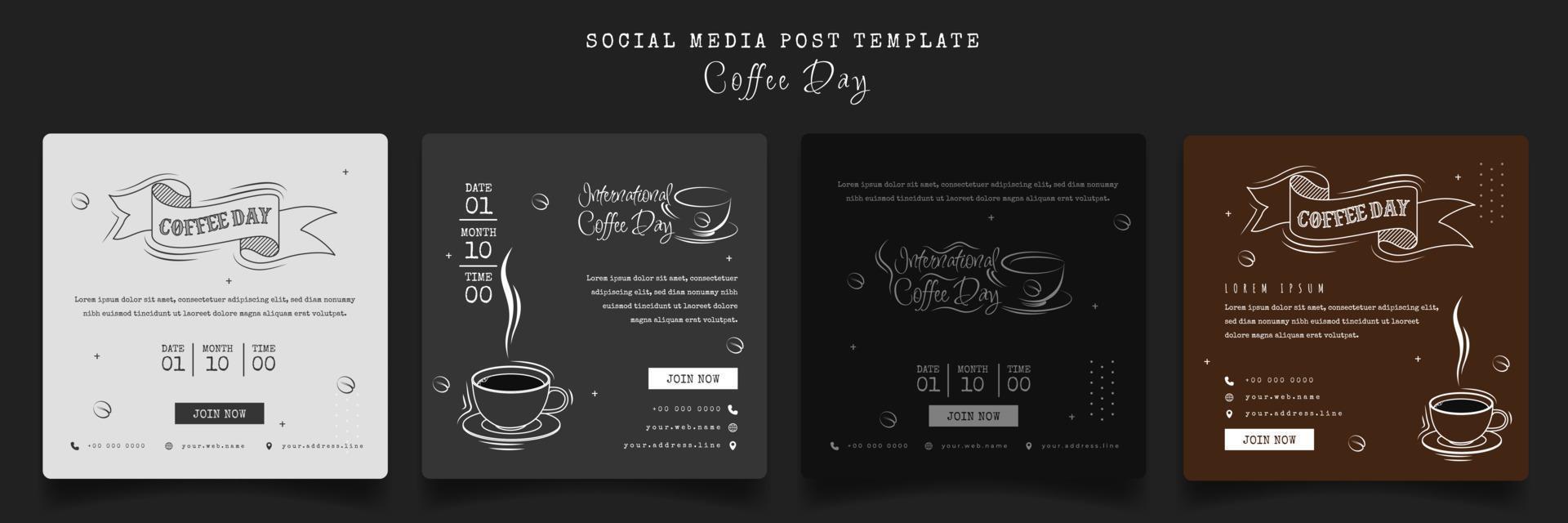 Set of social media post template for international coffee day with coffee line art design vector