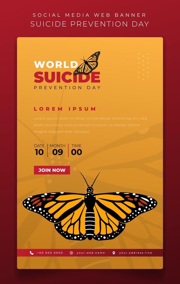 plantilla de banner en fondo amarillo con mariposa voladora para el diseño del día de prevención del suicidio vector