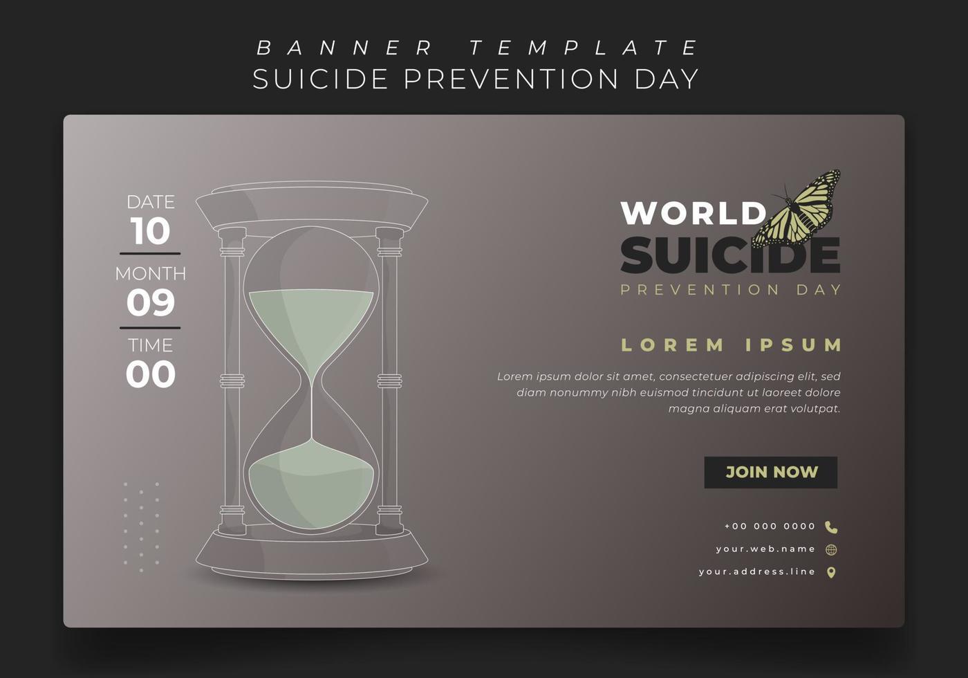 Banner template in brown background with Line art of sand timer for suicide prevention day design vector