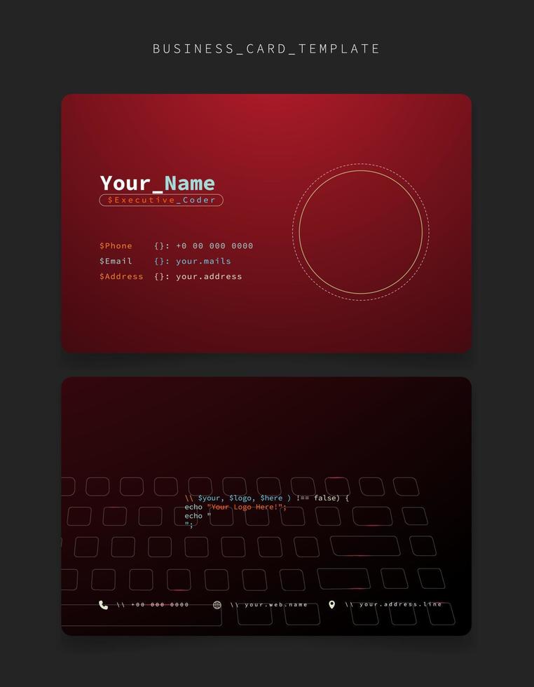 tarjeta de identificación roja o plantilla de tarjeta de visita con concepto de texto de codificación para el diseño de identidad del programador vector