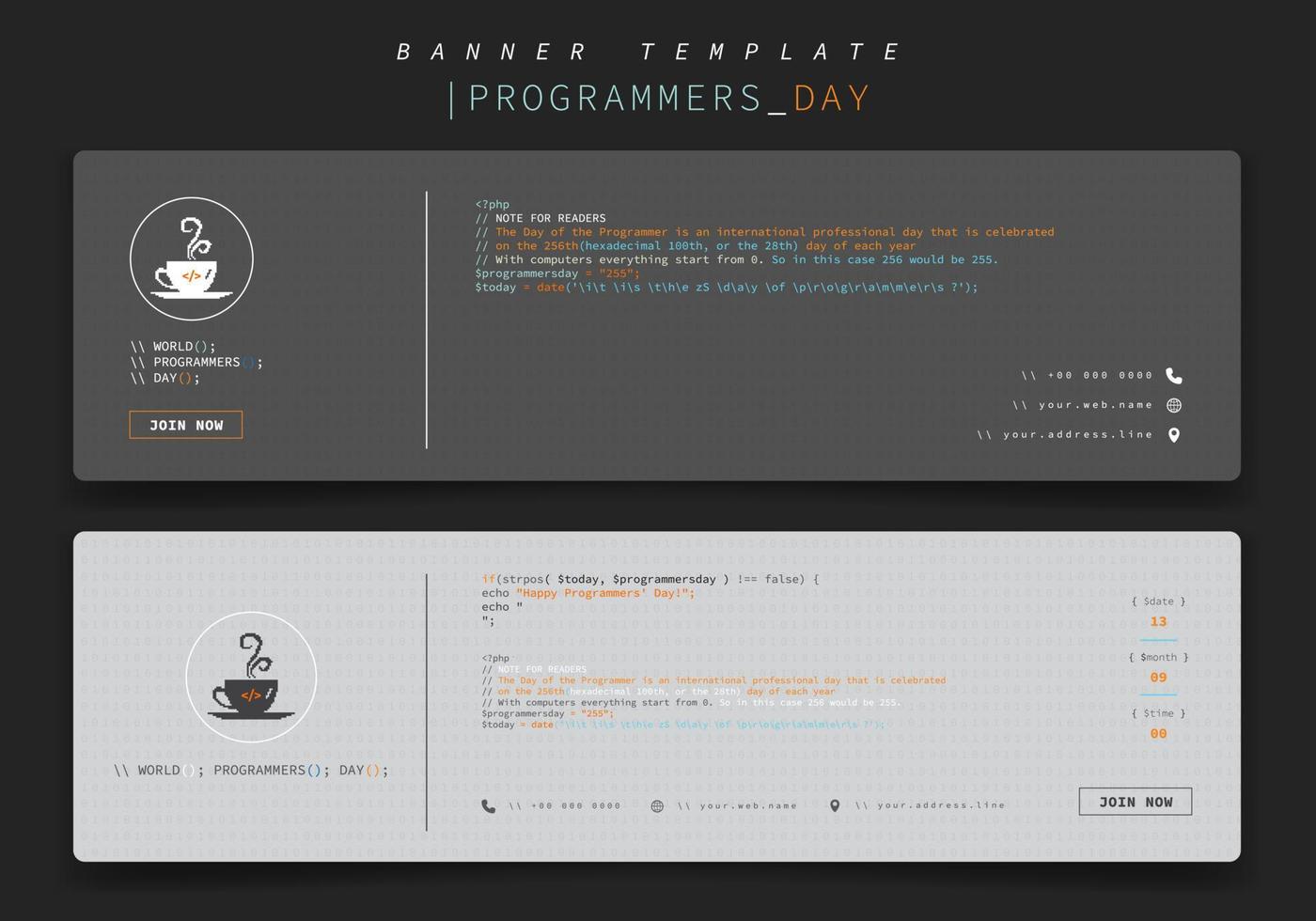 plantilla de banner en diseño de paisaje con café de píxeles y texto de codificación para el diseño del día de los programadores vector