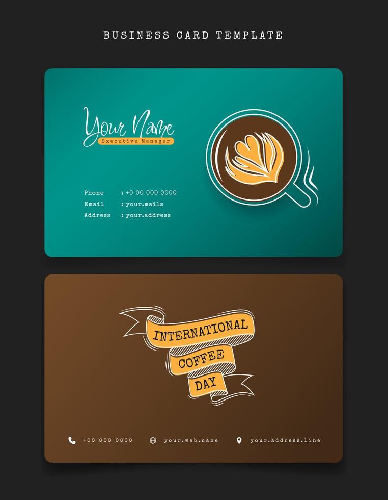 Business card template with coffee lettering and coffee cup for coffee shop employee identity design vector