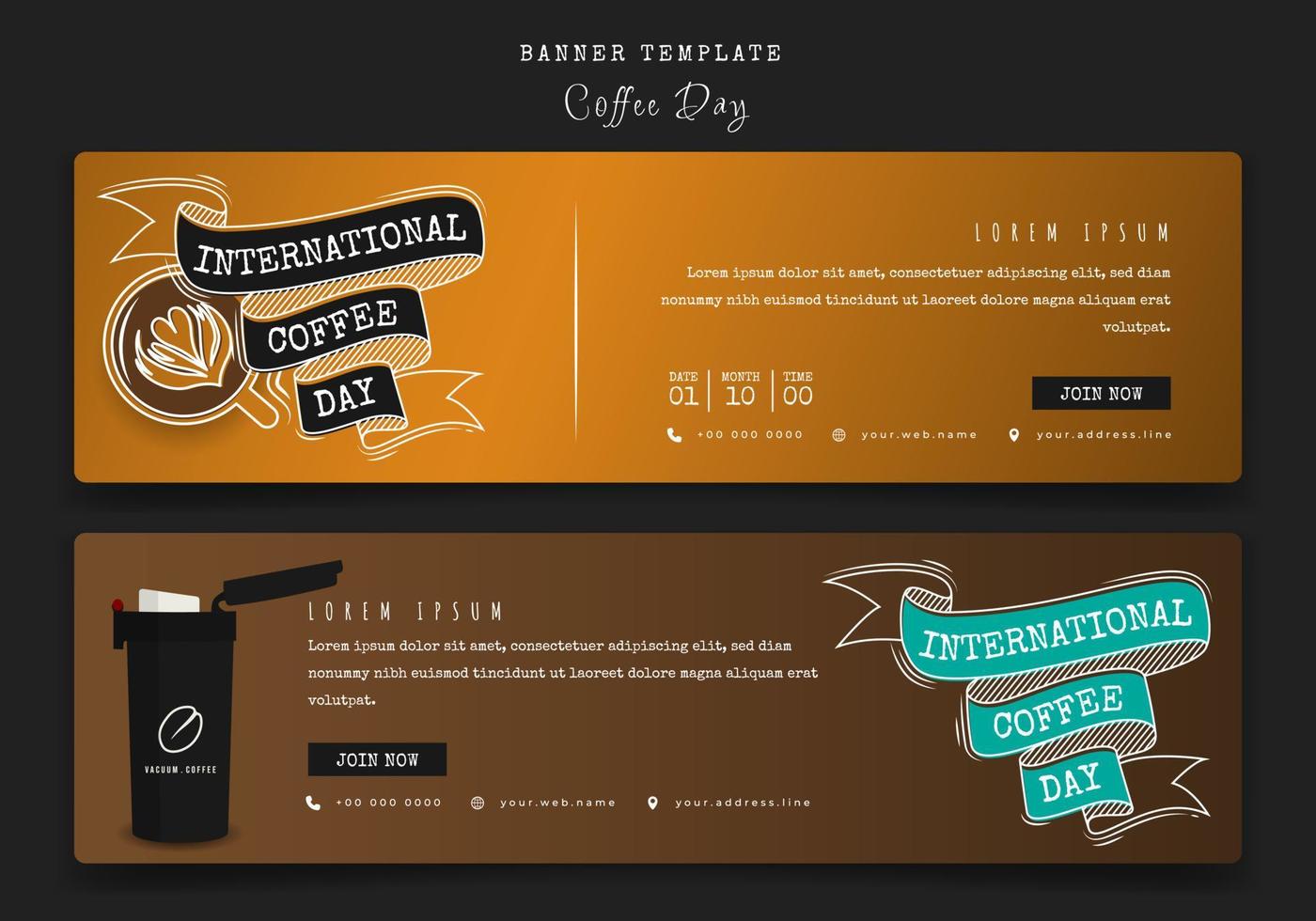 plantilla de banner en paisaje con letras de café y diseño de café para el diseño de la campaña del día del café vector