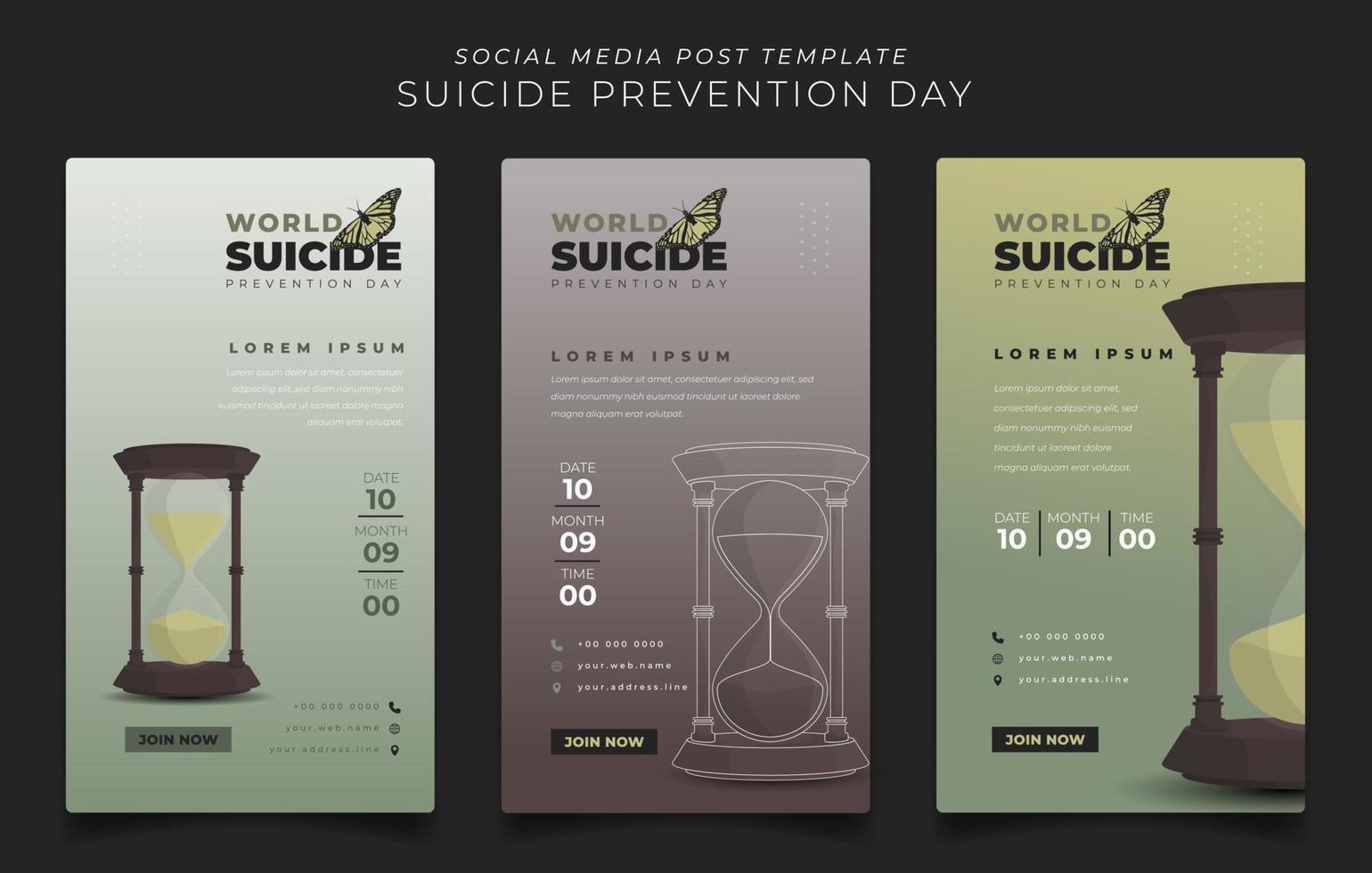 Set of social media post template with sand timer illustration for suicide prevention day design vector