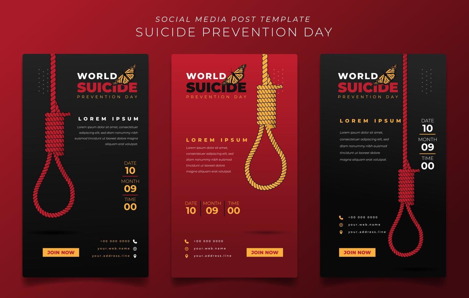 Set of social media post template with rope and butterfly for suicide prevention day design vector