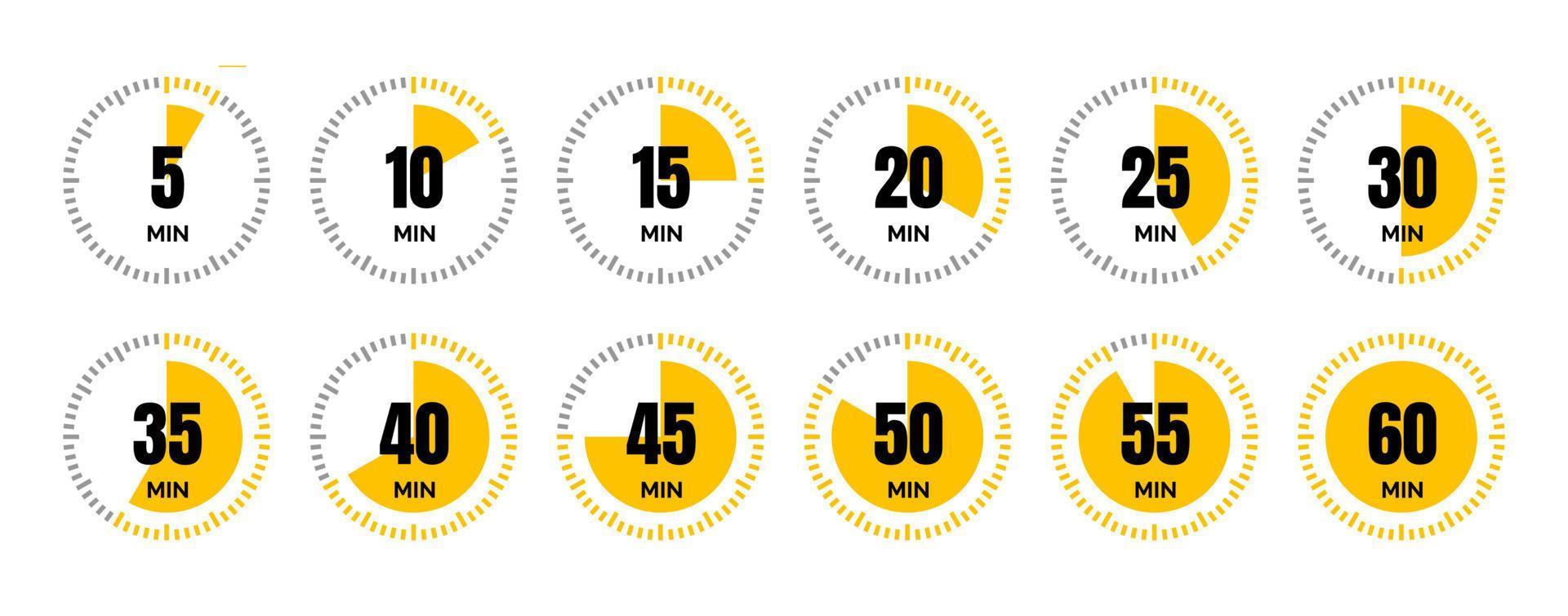 Timer icon collection. Set of timer Stopwatch icons. Countdown from 0 to 60 seconds. vector