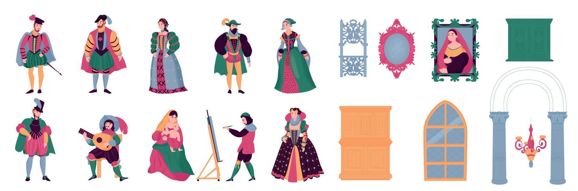 conjunto de iconos de color de estilo renacentista vector