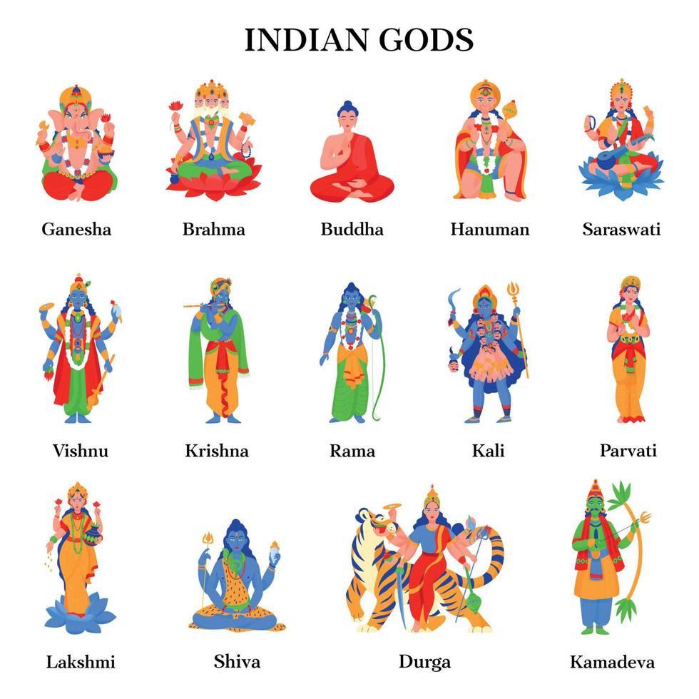 Ancient Indian Hindu Gods Color Isolated Icon Set vector