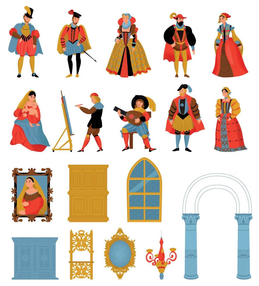Renaissance Old Retro Fashion Style Icon Set vector