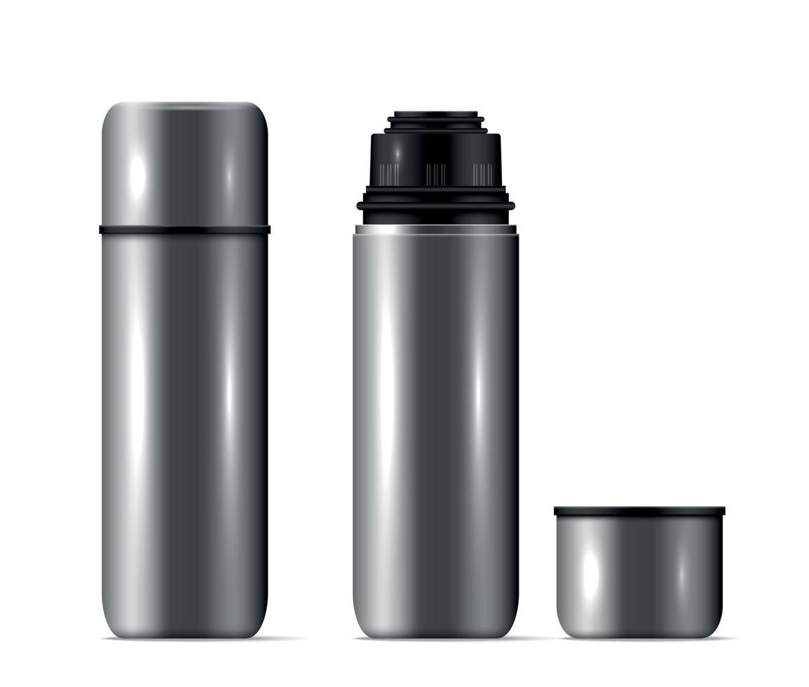 Realistic thermos infographic. Long lasting heat, flask structure