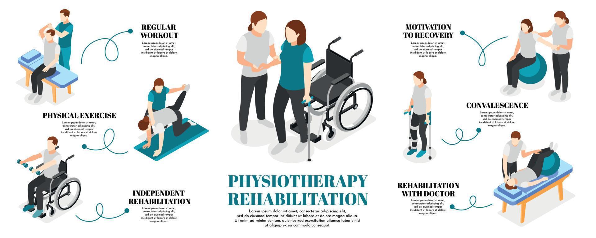 conjunto infográfico de fisioterapia y rehabilitación vector
