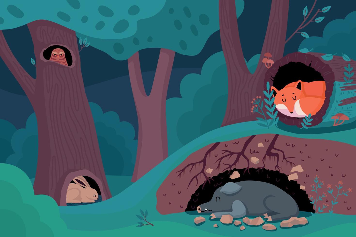 fondo de dibujos animados de noche en el bosque vector