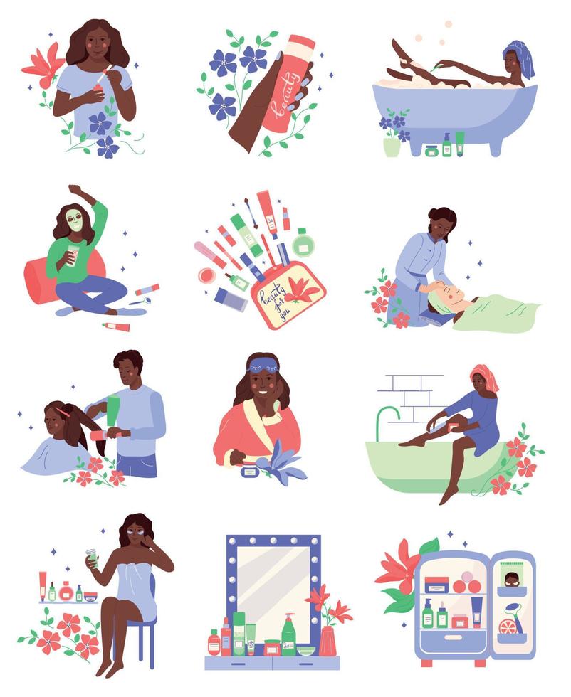 iconos de belleza de mujer negra vector