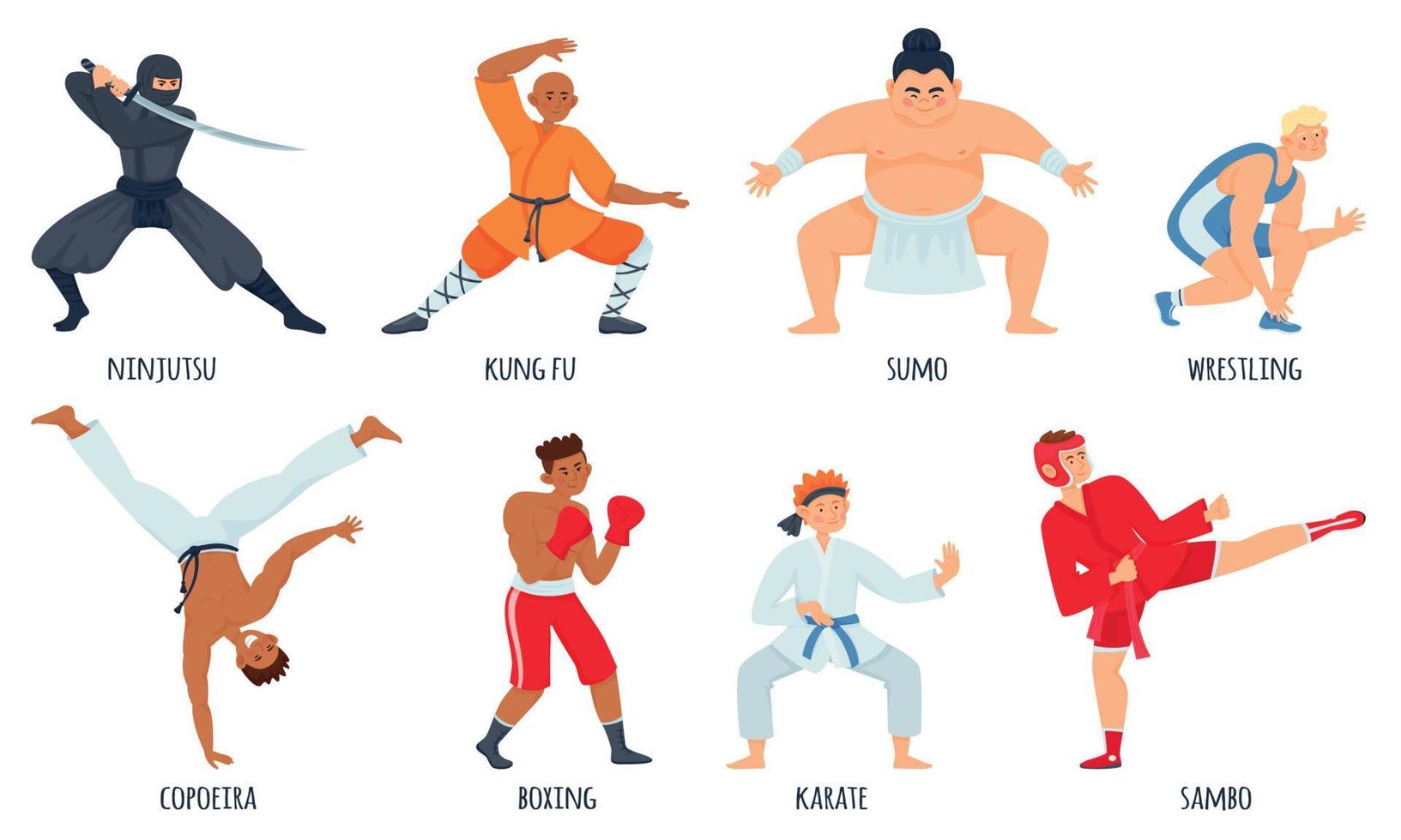 conjunto de personajes de luchadores planos vector