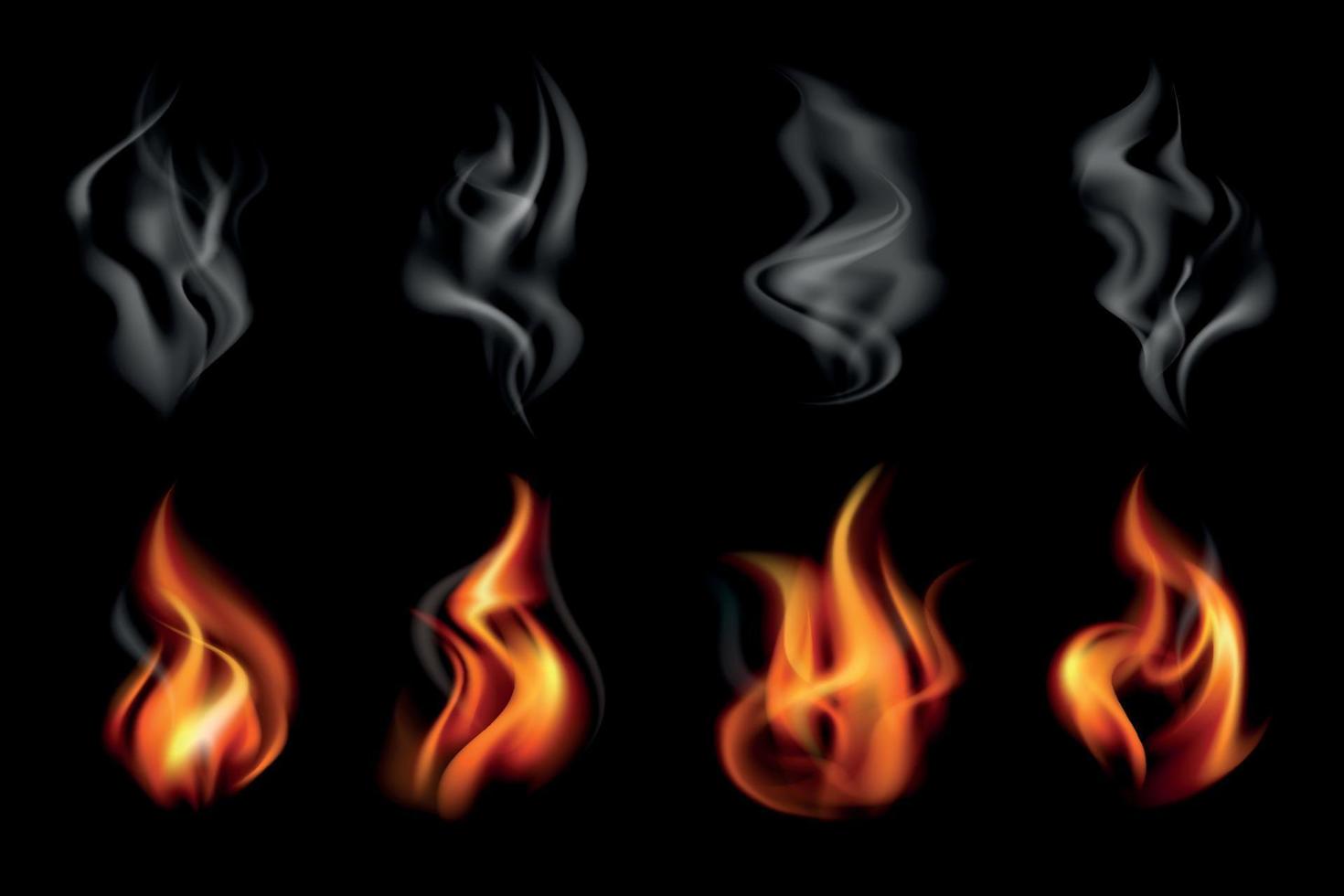 conjunto de iconos de color de humo de fuego realista vector