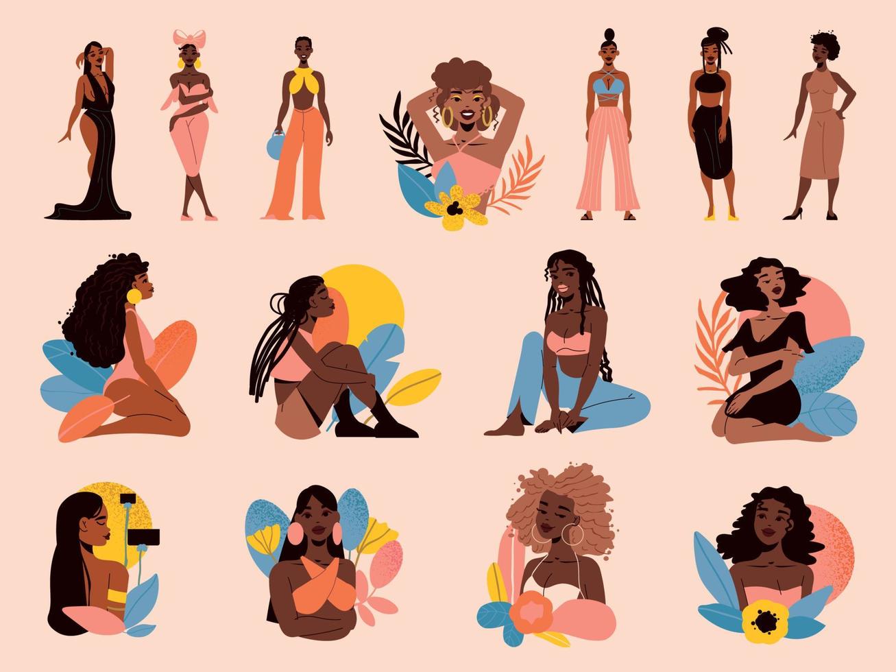 conjunto de iconos de color de mujer niña negra vector
