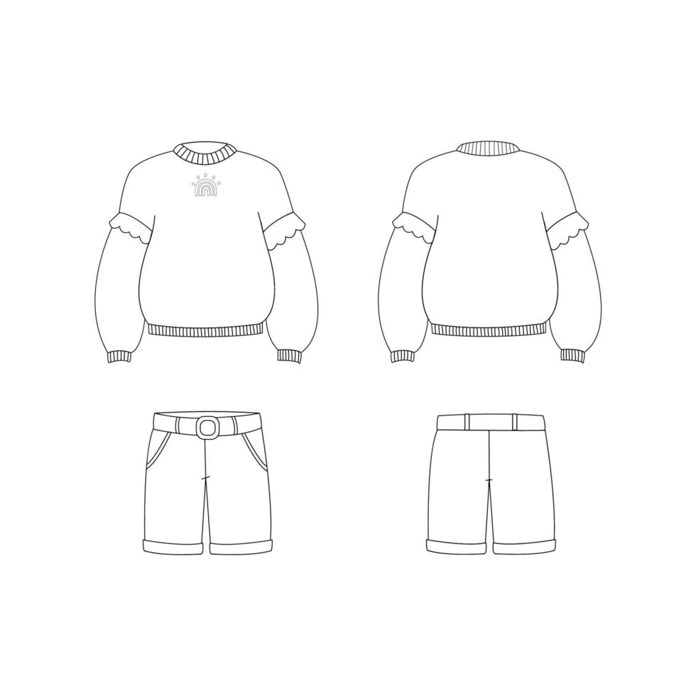 dibujo técnico de una sudadera con capucha con volantes y pantalones cortos clásicos para niñas vector