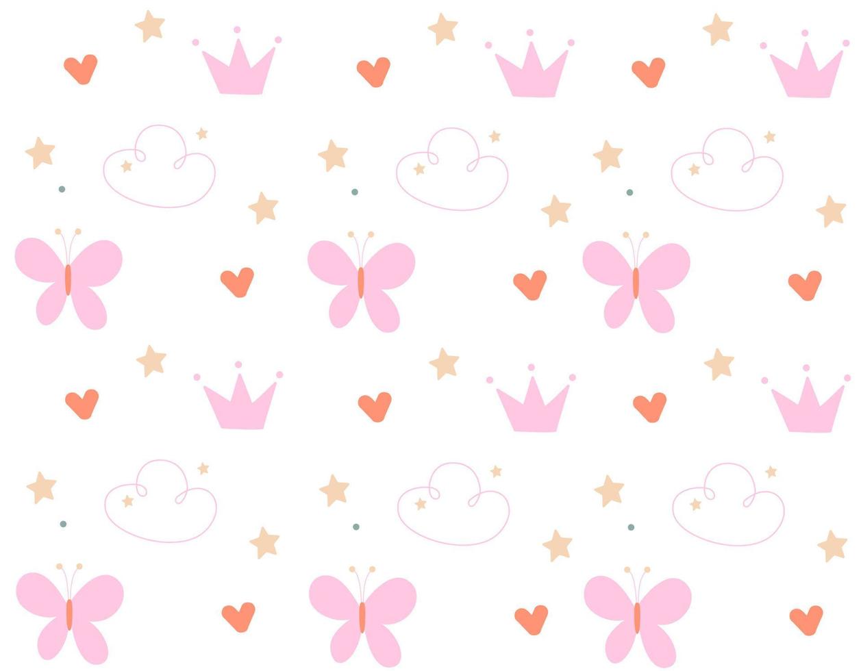 Baby patterns with pink butterfly, crowns and cute heart vector