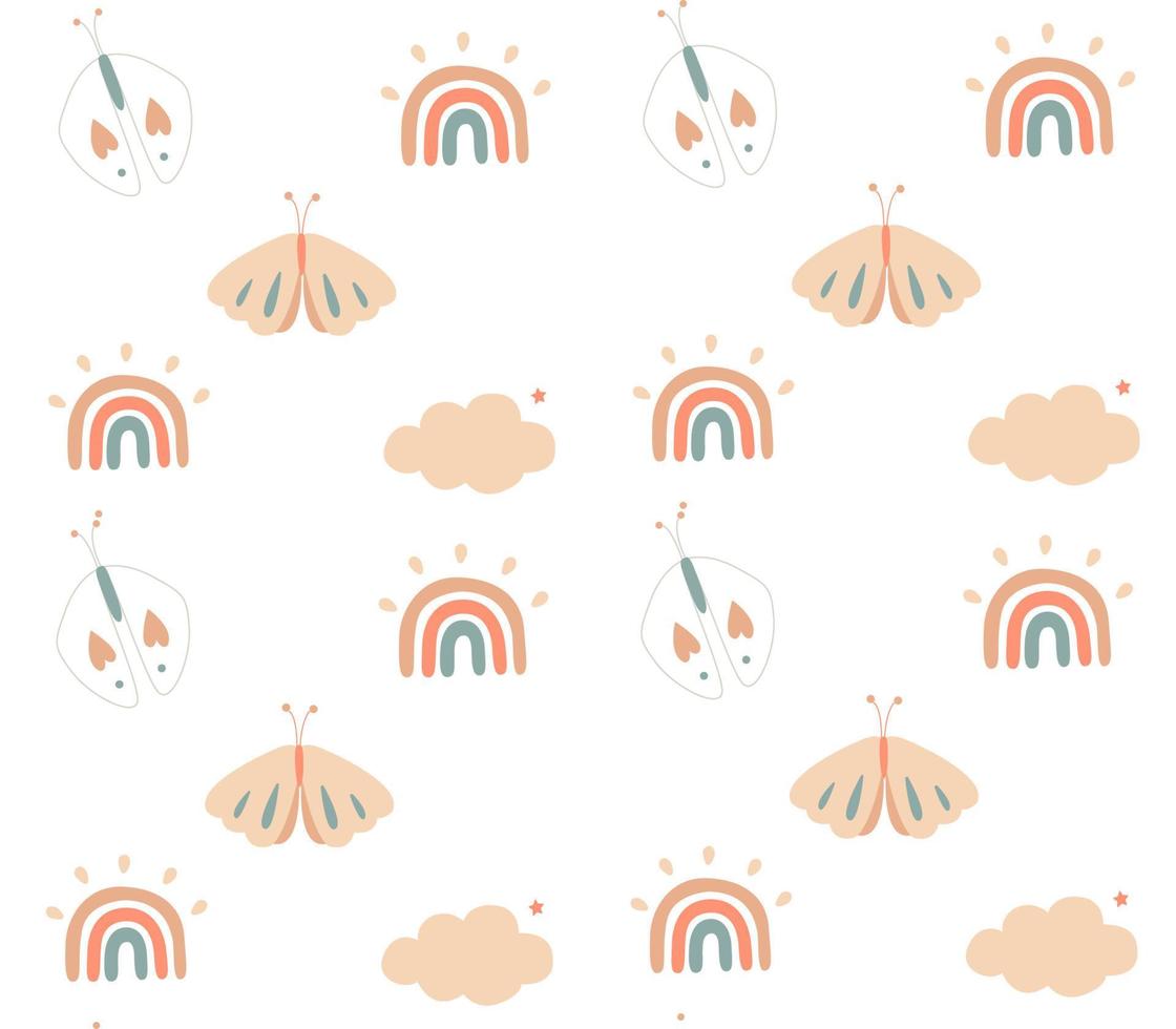 Cute and colorful hand drawn rainbow pattern with batterfly and clouds vector