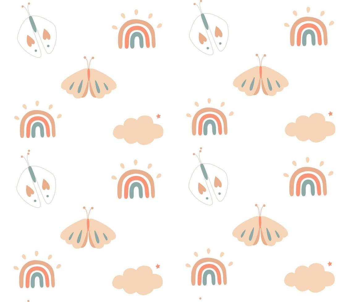 Cute and colorful hand drawn rainbow pattern with batterfly and clouds vector