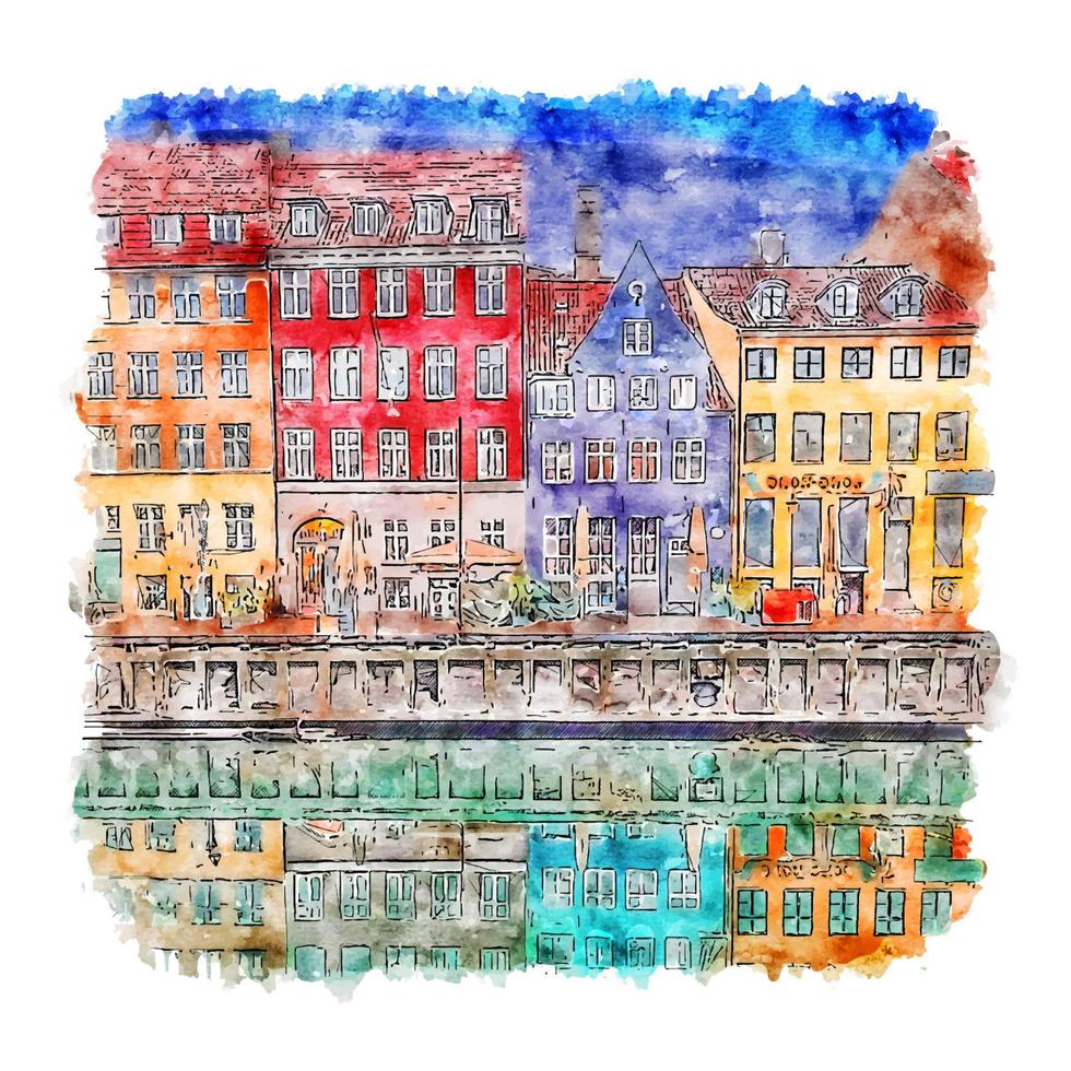 nyhavn kobenhavn dinamarca boceto acuarela dibujado a mano ilustración vector