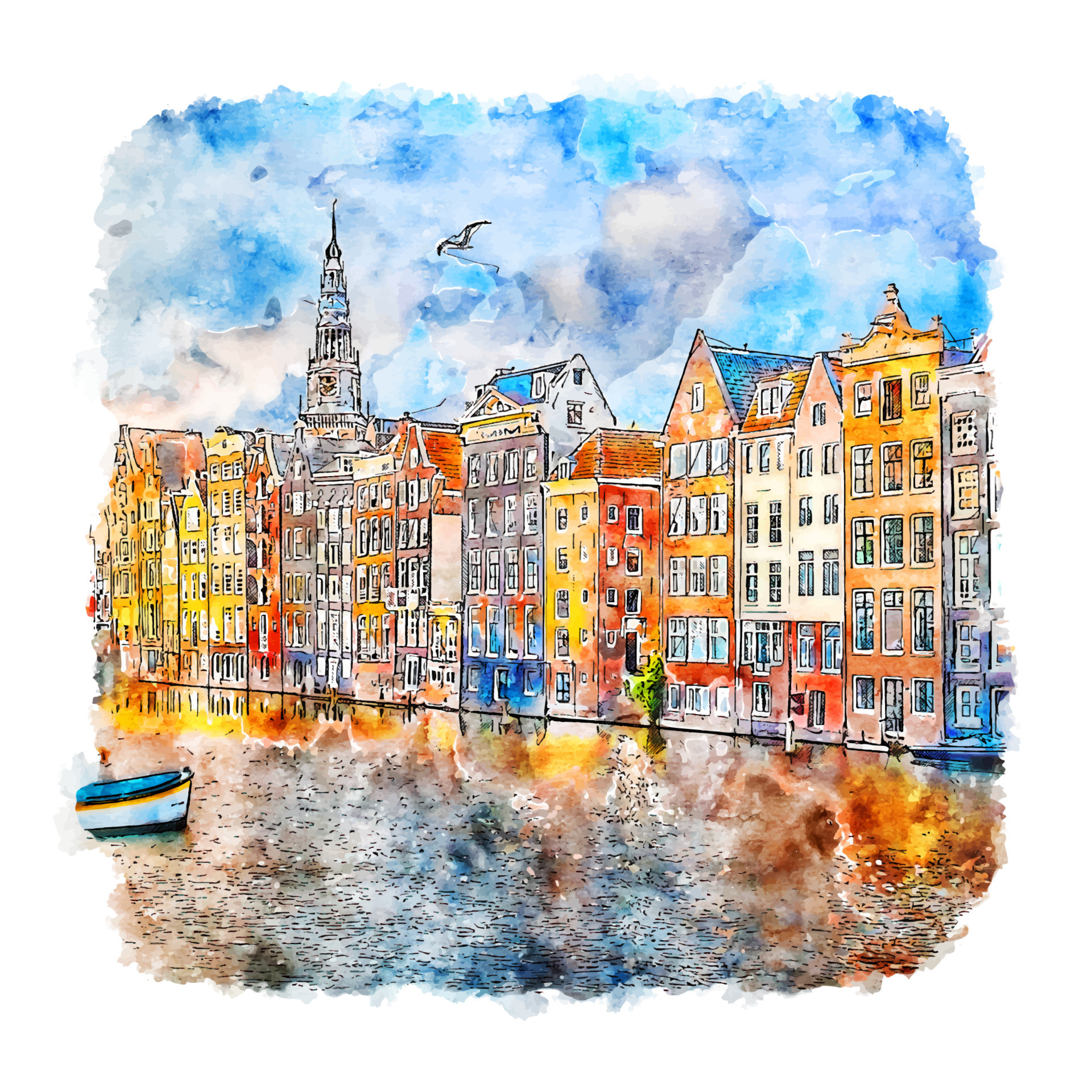 Amsterdam original ink and watercolor urban sketch painting. Amsterdam  watercolor paintings. European cities watercolor fine art images.