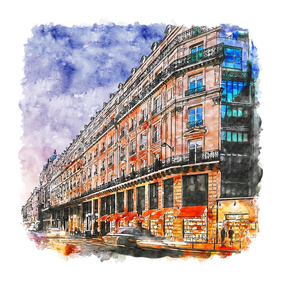 Architecture Paris France Watercolor sketch hand drawn illustration vector