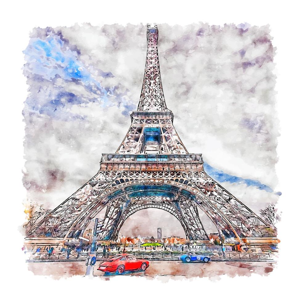 Eiffel Tower Paris France Watercolor sketch hand drawn illustration vector