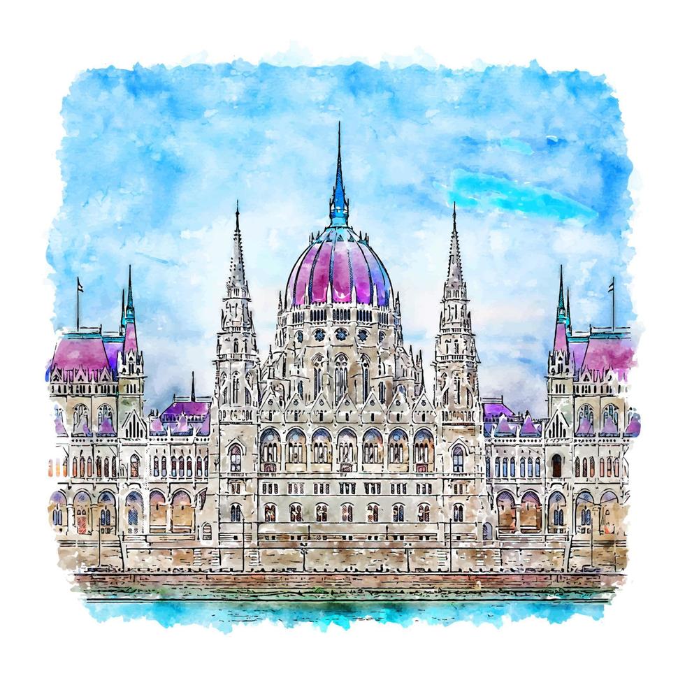 Hungarian Parliament Budapest Watercolor sketch hand drawn illustration vector