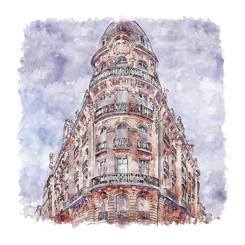 Architecture Paris France Watercolor sketch hand drawn illustration vector