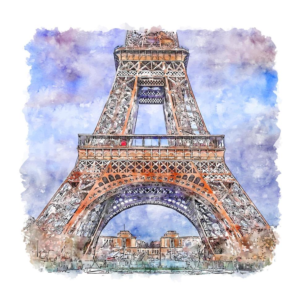 Eiffel Tower Paris France Watercolor sketch hand drawn illustration vector