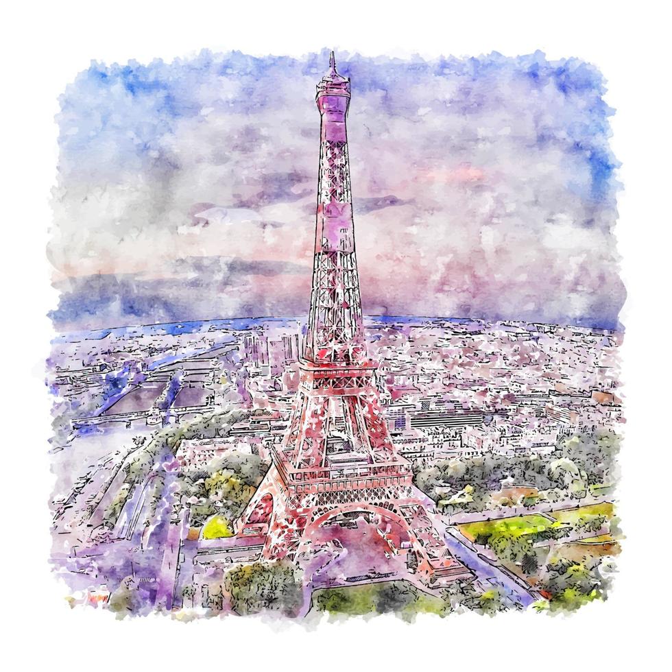 Eiffel Tower Paris France Watercolor sketch hand drawn illustration vector