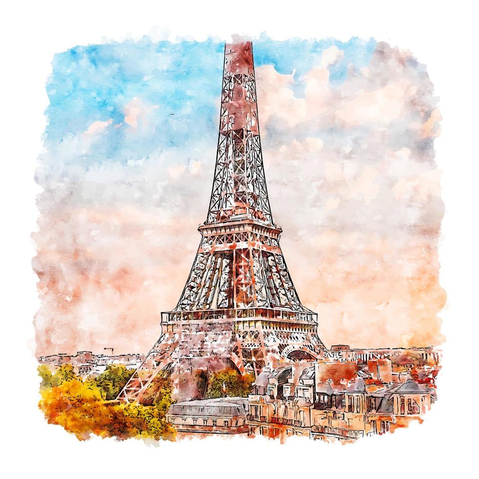 Eiffel Tower Paris France Watercolor sketch hand drawn illustration vector