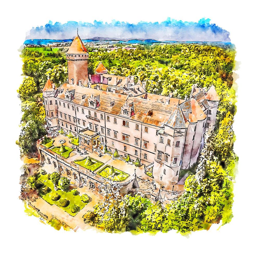 castillo de los habsburgo república checa acuarela boceto dibujado a mano ilustración vector