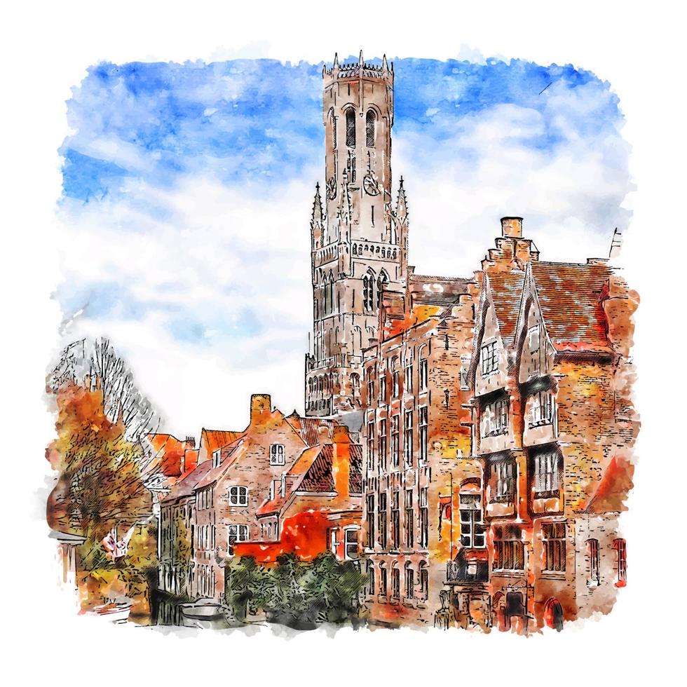 Bruges Belgium Watercolor sketch hand drawn illustration vector