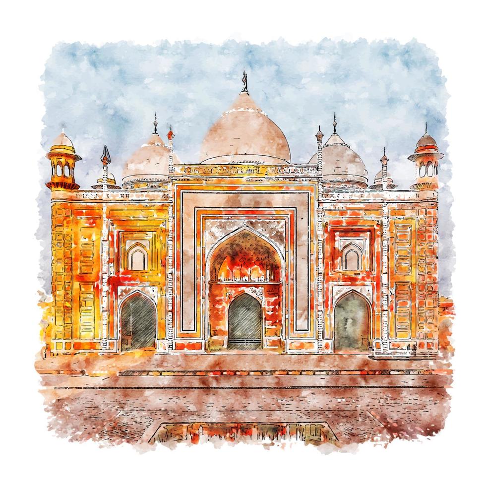 Taj Mahal Agra City India Watercolor sketch hand drawn illustration vector
