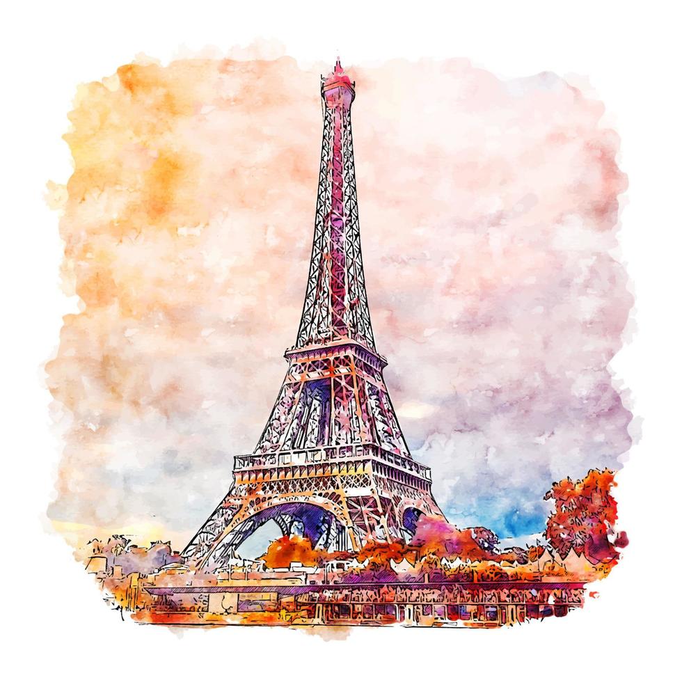 Eiffel Tower Paris France Watercolor sketch hand drawn illustration vector