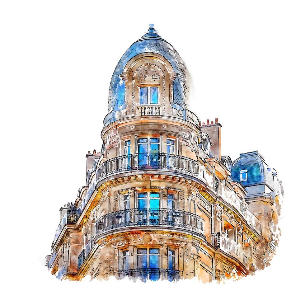 Architecture Paris France Watercolor sketch hand drawn illustration vector