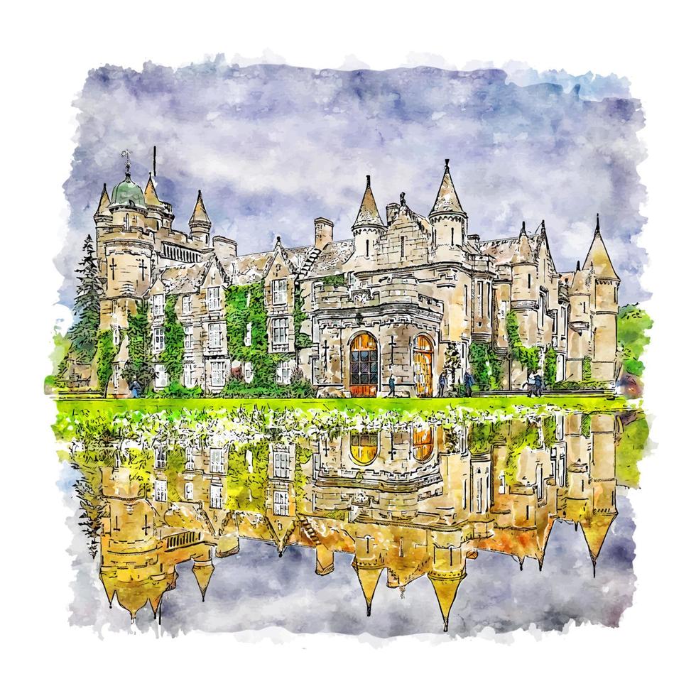 Balmoral Castle Scotland Watercolor sketch hand drawn illustration vector