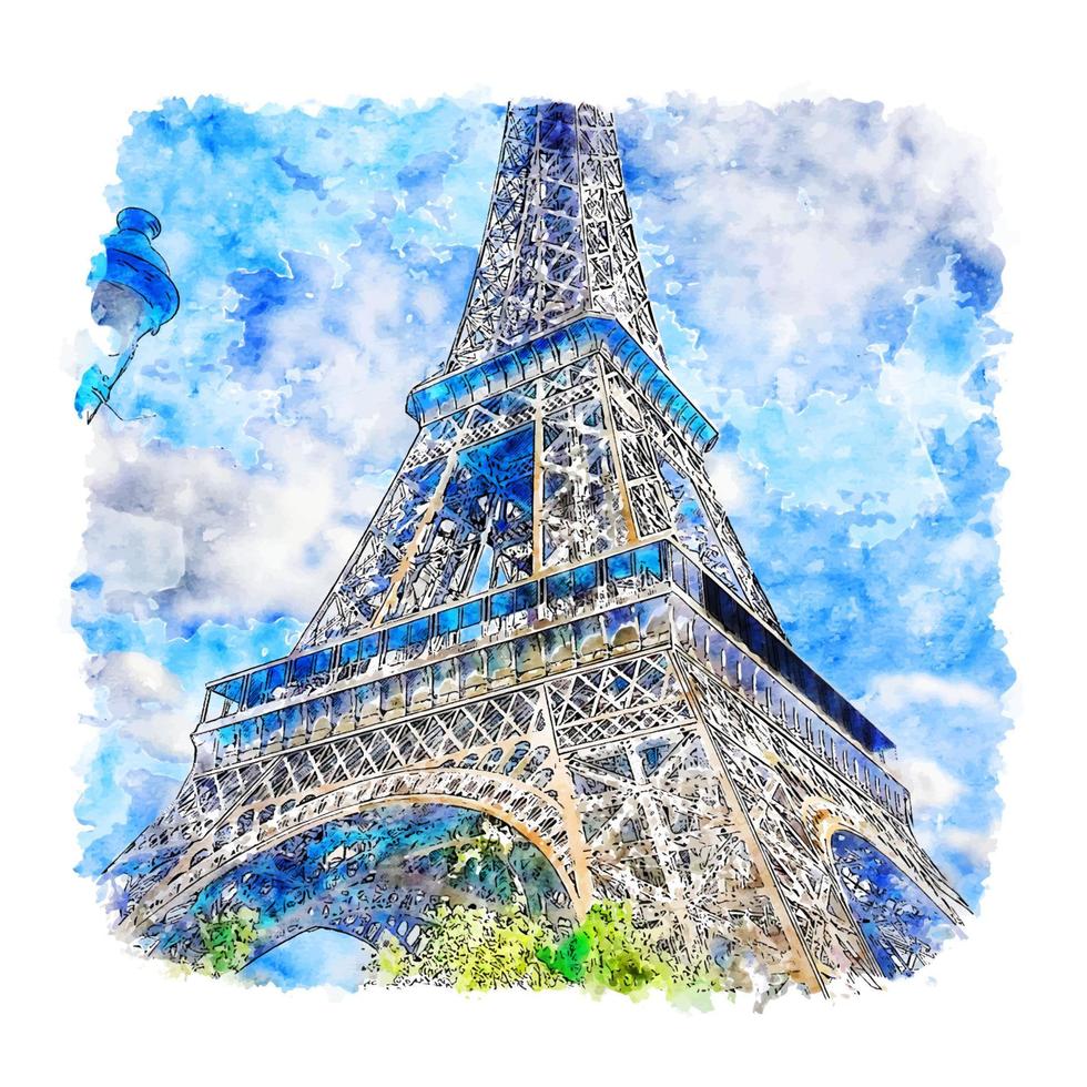 Eiffel Tower Paris France Watercolor sketch hand drawn illustration vector