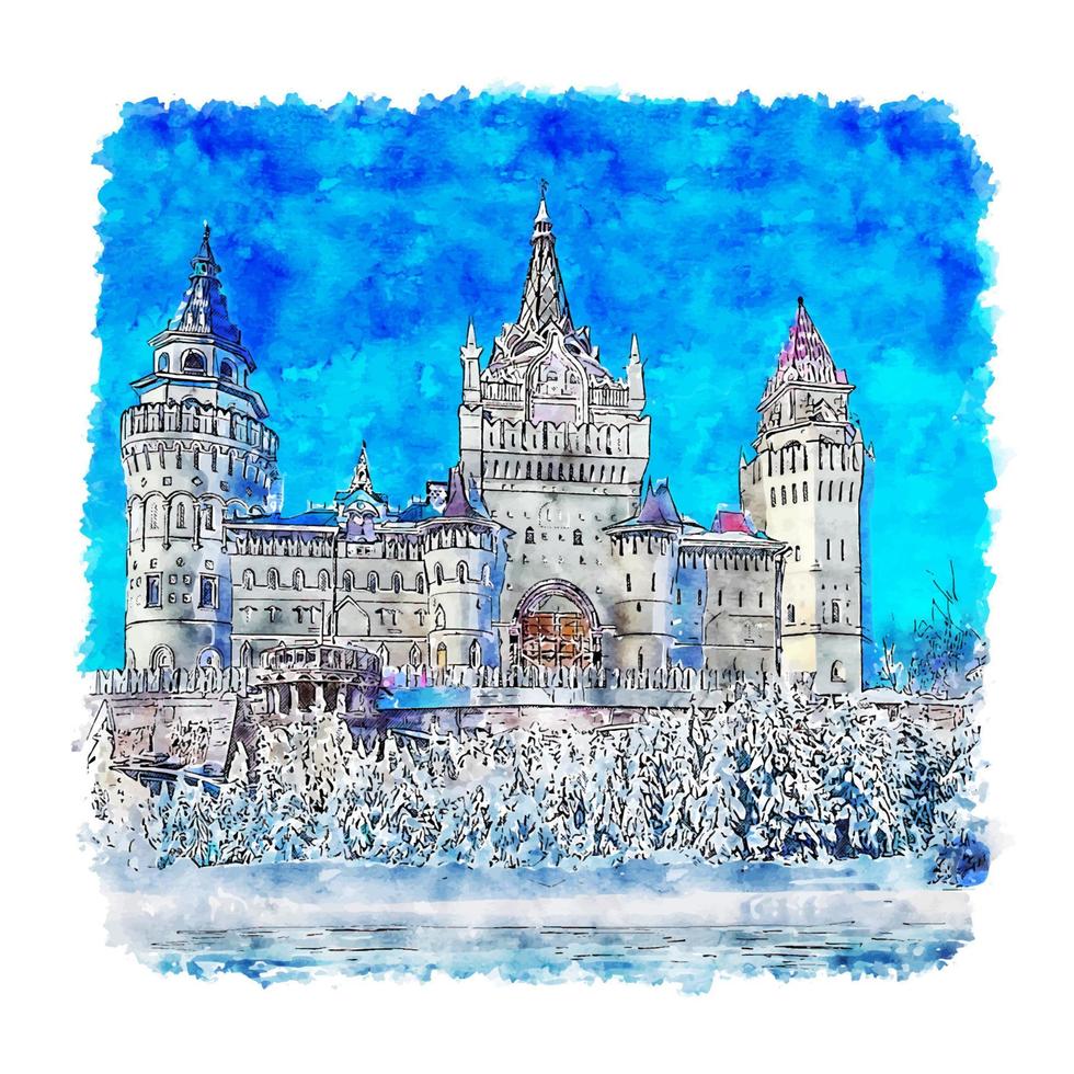 Castle Moscow Russia Watercolor sketch hand drawn illustration vector